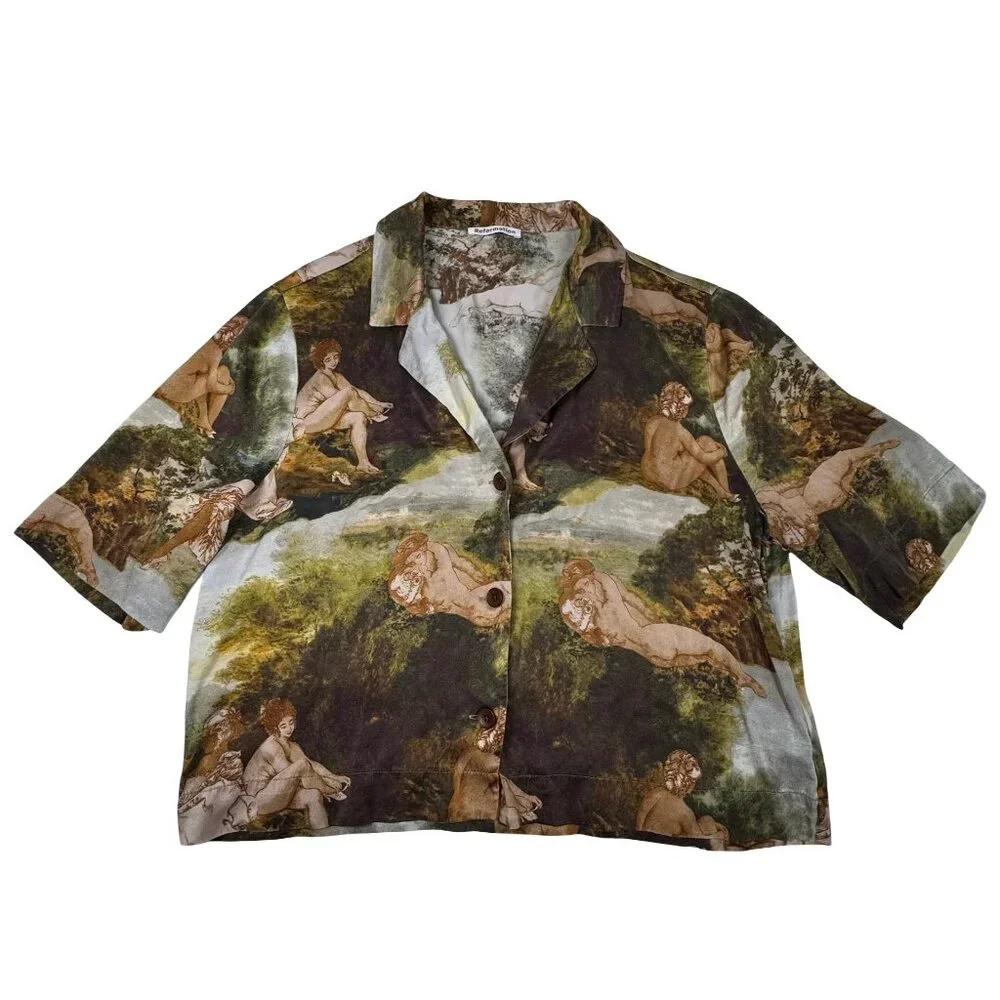 Reformation Silk Shirt Top SZ S Short Sleeve Art Print Oversized Maximalist - Picture 1 of 7